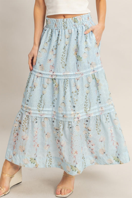 Delicate Florals Maxi Skirt Set In Blue