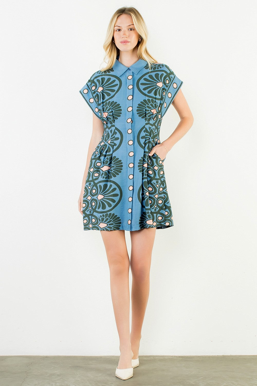 Dusty Blue Short Sleeve Pattern Dress