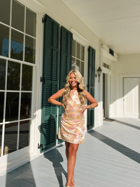 Peachy Floral Bow Back Mini Dress