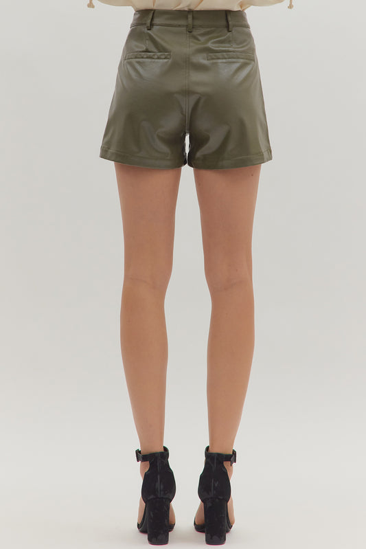 Faux Leather Pocket Front Shorts In Olive