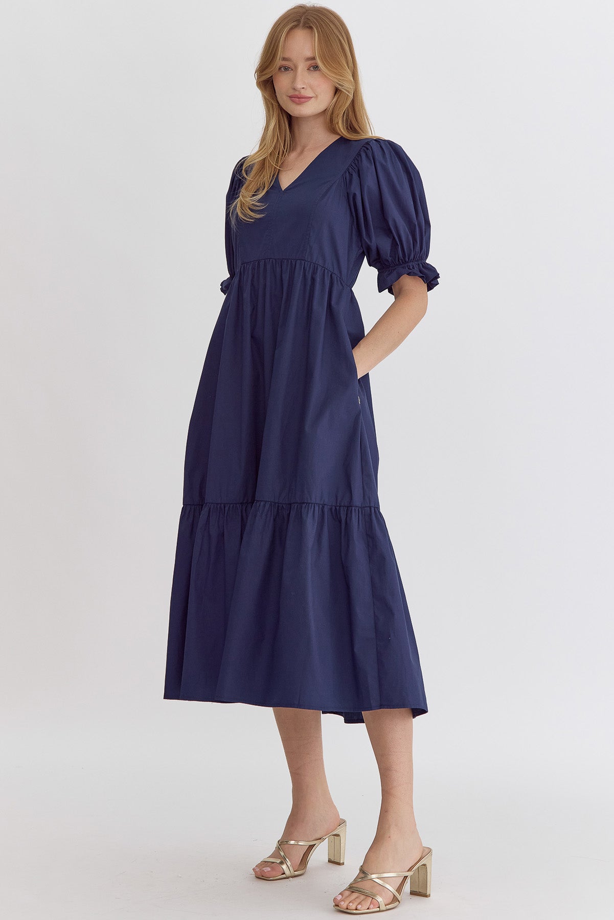 V-Neck Navy Midi Dress