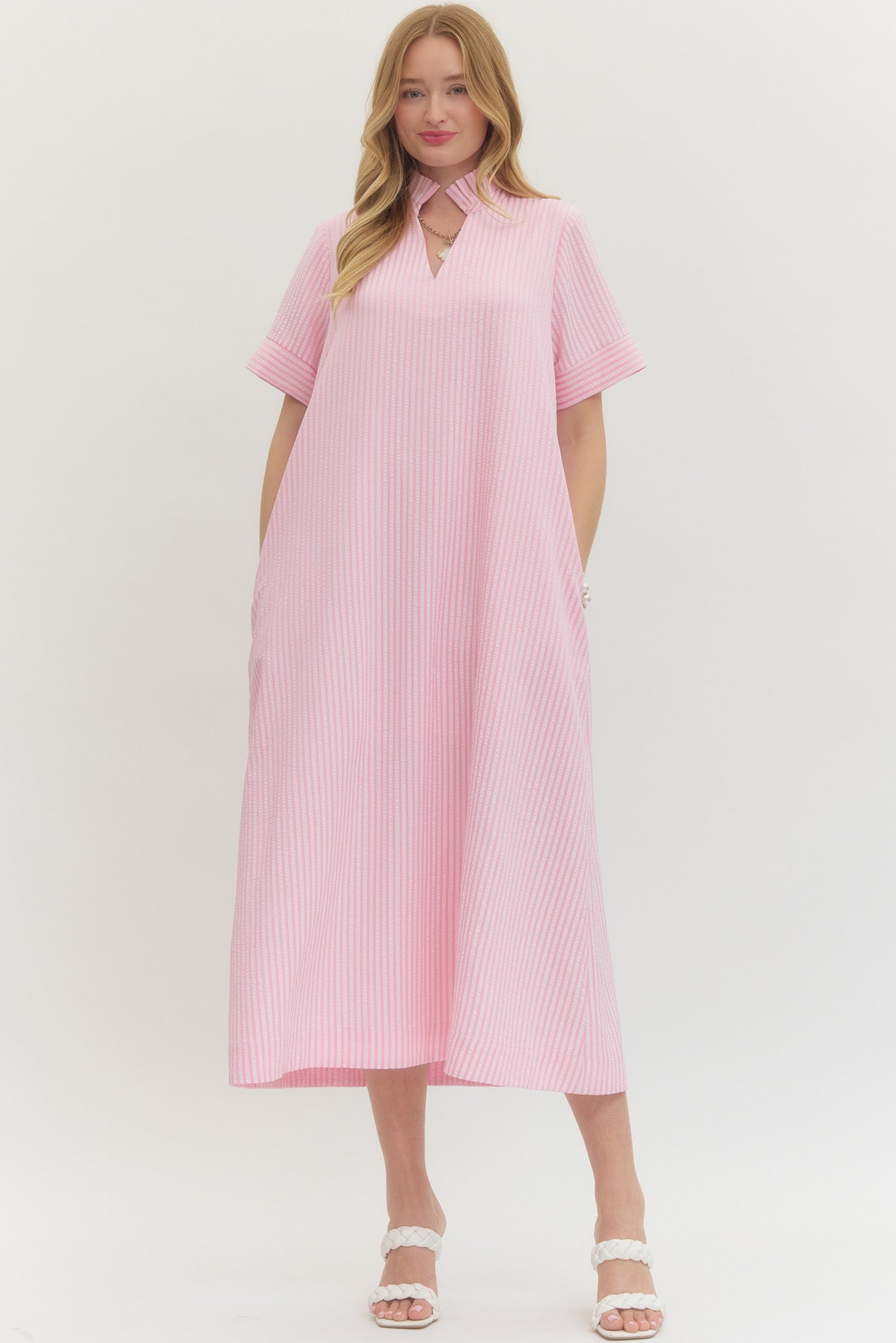 Seersucker Pastel Pink Midi Dress