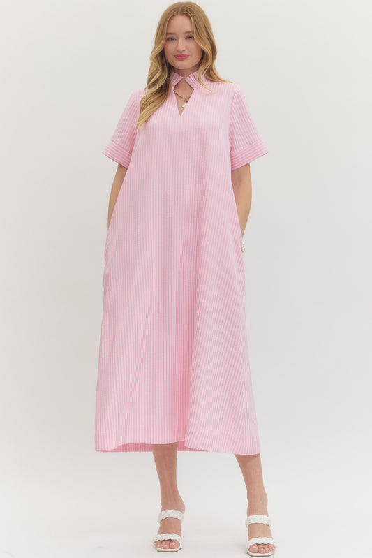 Seersucker Pastel Pink Midi Dress