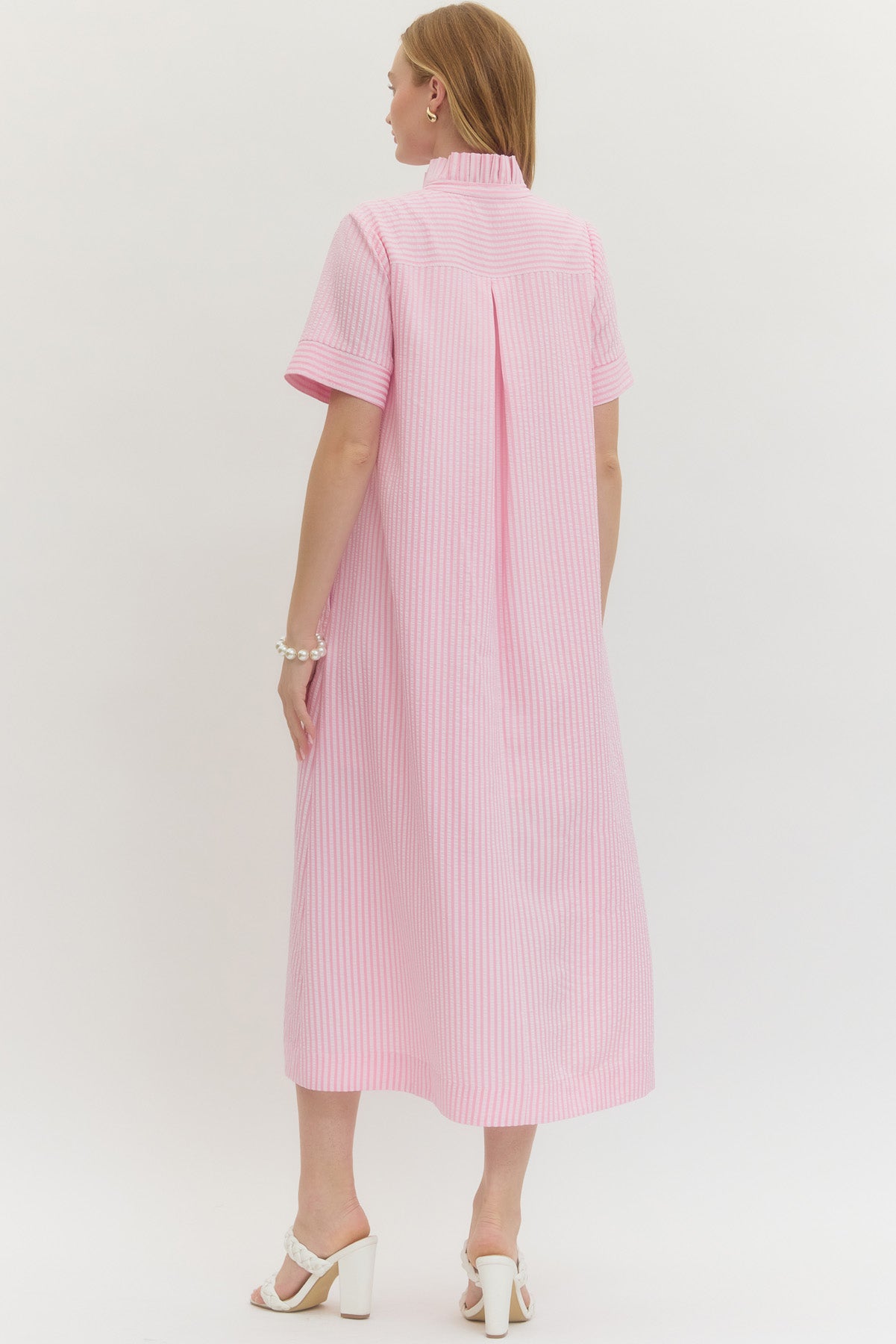 Seersucker Pastel Pink Midi Dress