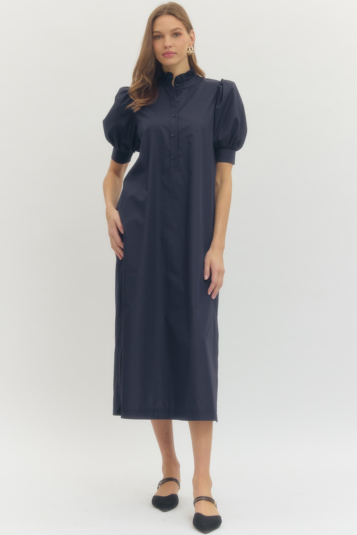 Puff Sleeve Straight Midi Dress In Navy