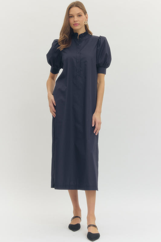 Puff Sleeve Straight Midi Dress In Navy