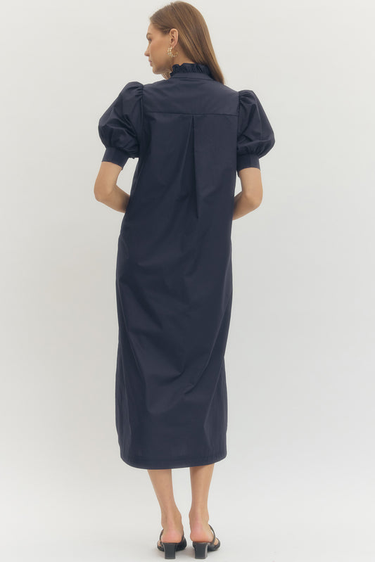 Puff Sleeve Straight Midi Dress In Navy