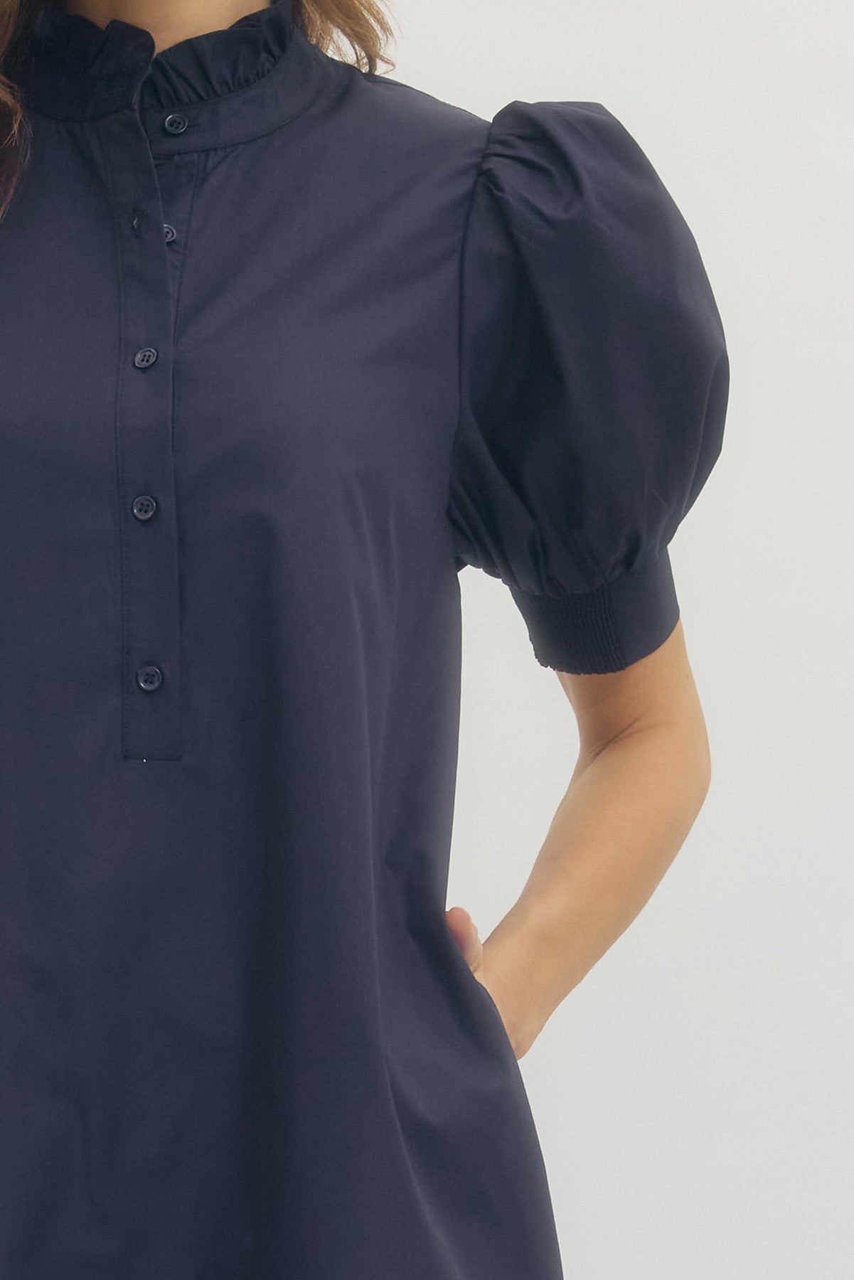 Puff Sleeve Straight Midi Dress In Navy