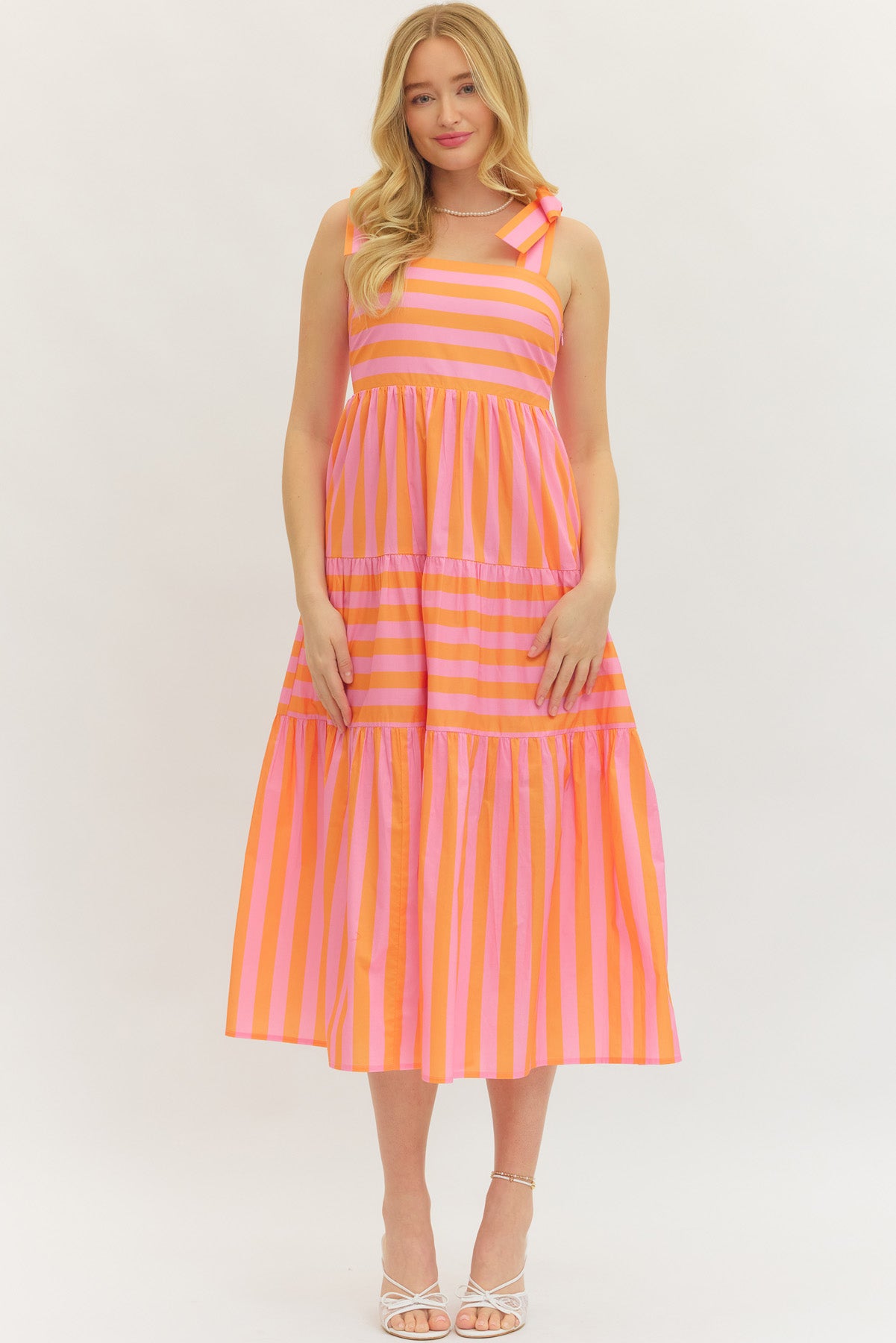 Pretty Bow Stripe Midi Dress In Orange/Pink