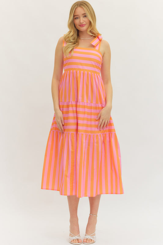 Pretty Bow Stripe Midi Dress In Orange/Pink