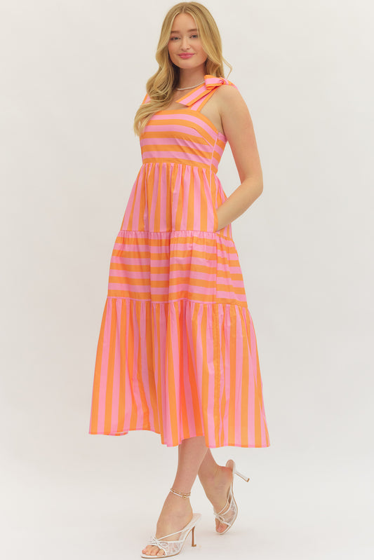 Pretty Bow Stripe Midi Dress In Orange/Pink