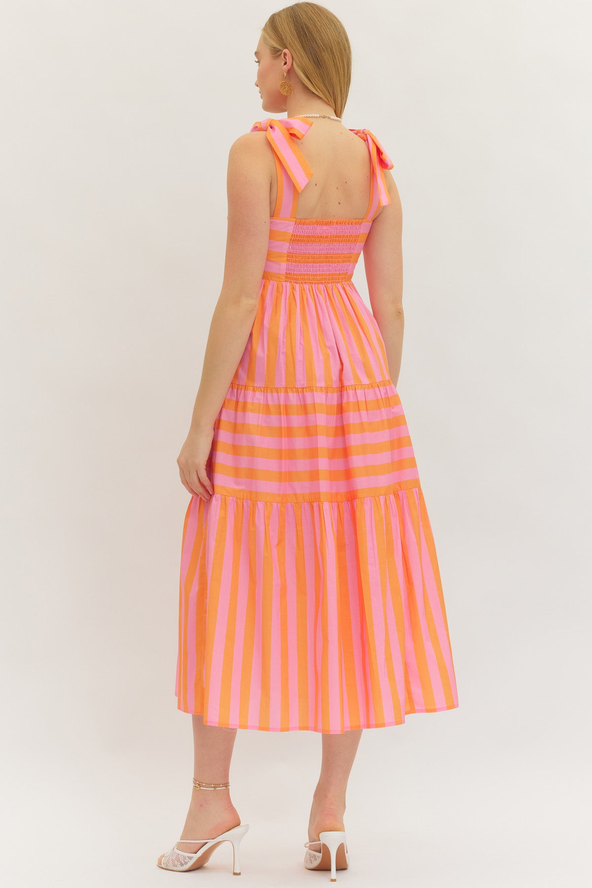 Pretty Bow Stripe Midi Dress In Orange/Pink
