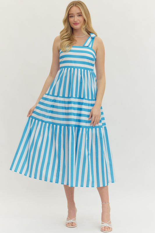 Pretty Bow Stripe Midi Dress In Blue/White