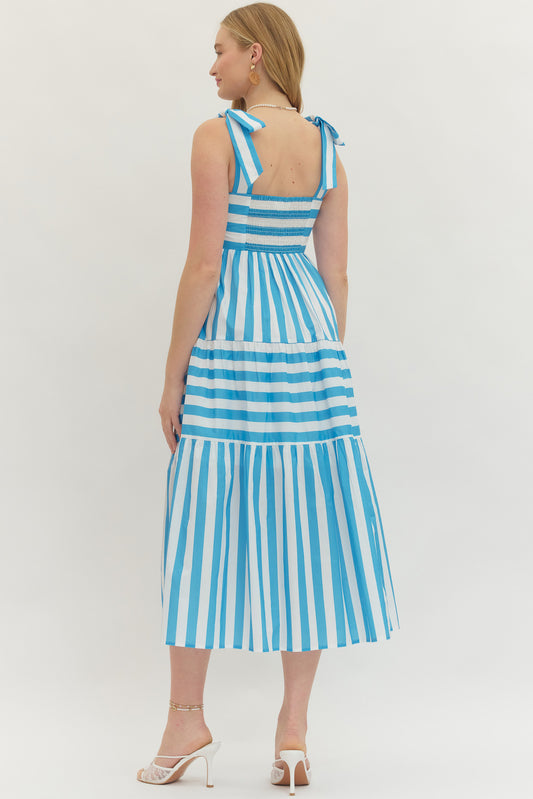 Pretty Bow Stripe Midi Dress In Blue/White