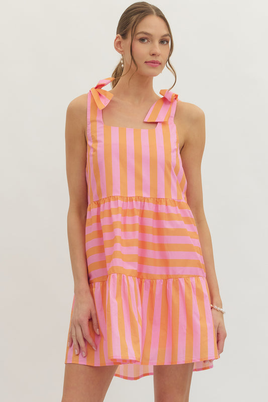 Pretty Bow Stripe Mini Dress In Orange/Pink