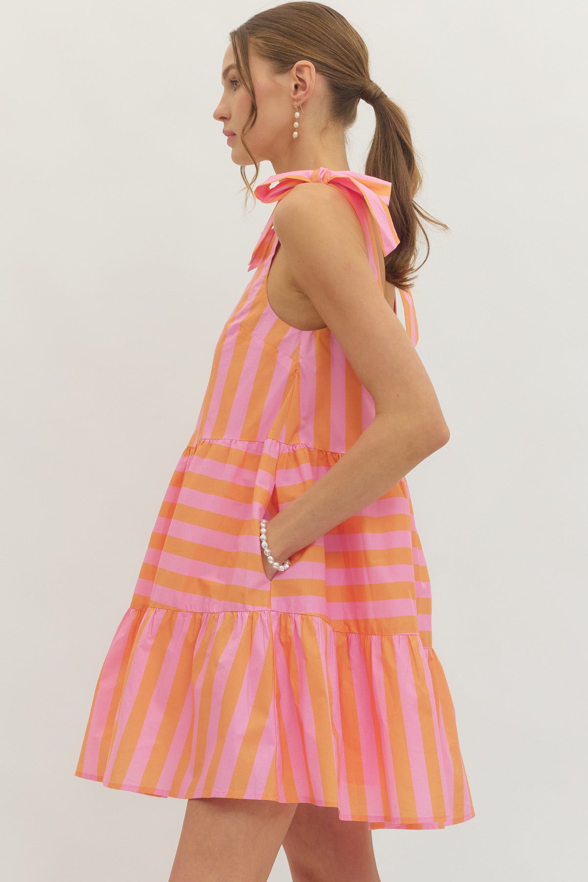 Pretty Bow Stripe Mini Dress In Orange/Pink