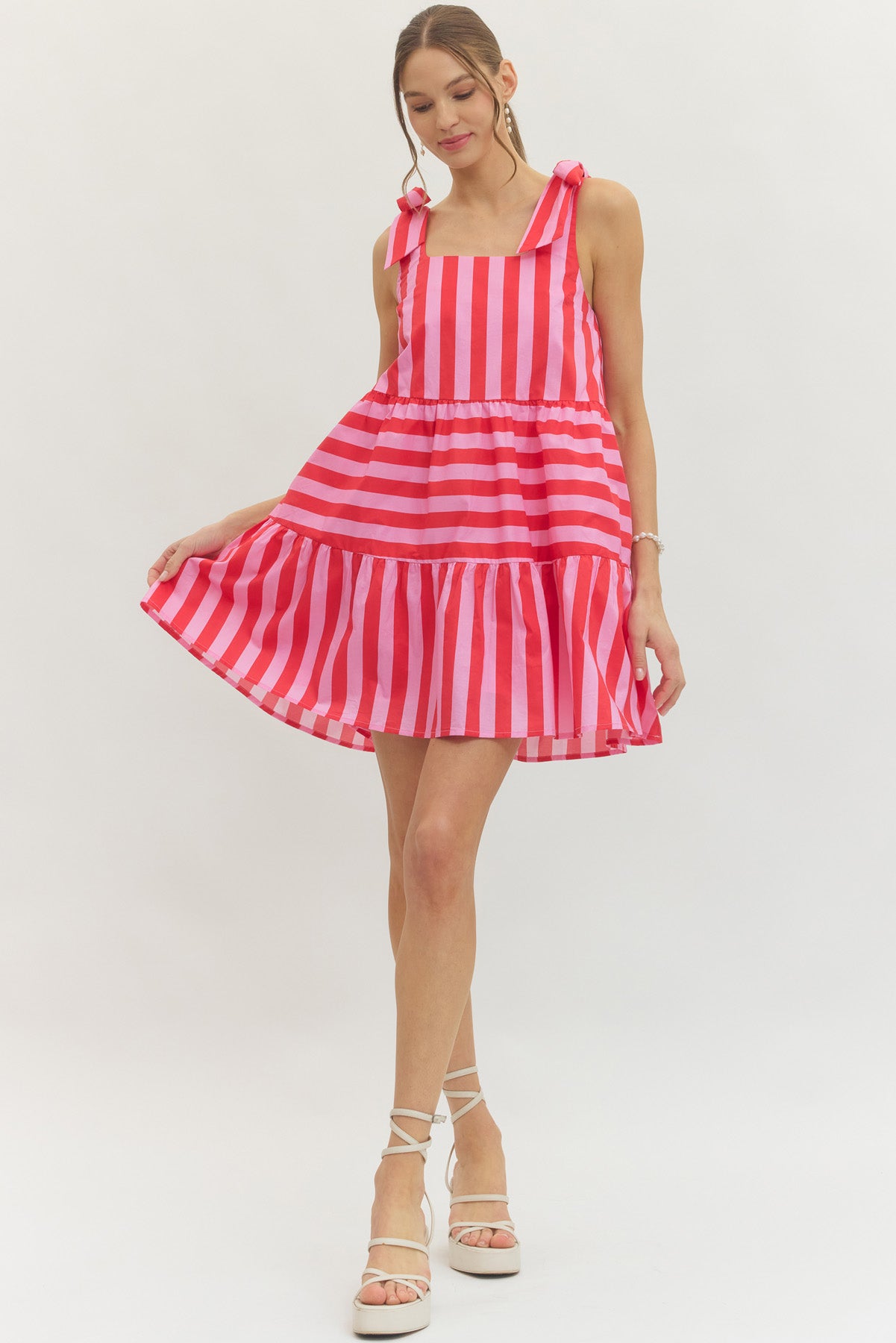 Pretty Bow Stripe Mini Dress In Red/Pink