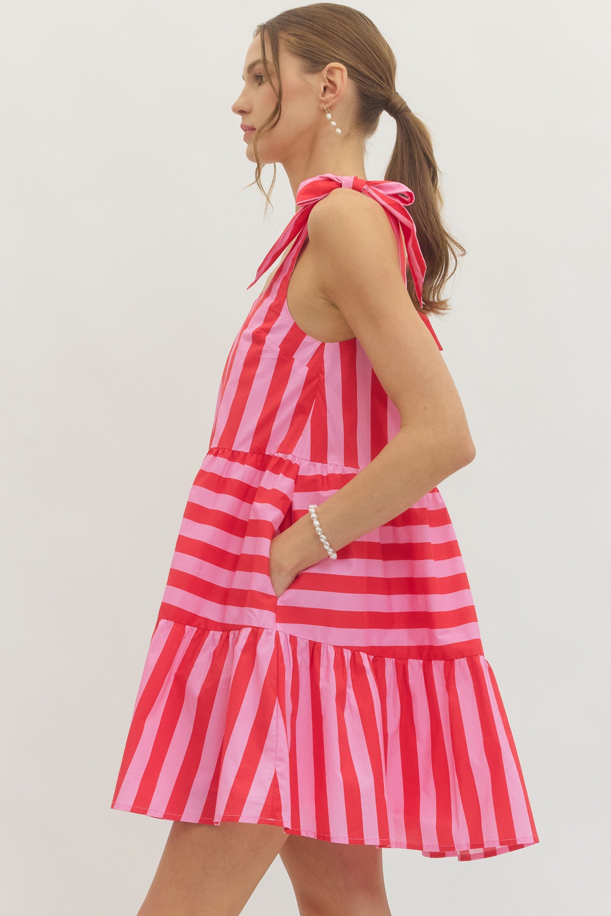 Pretty Bow Stripe Mini Dress In Red/Pink