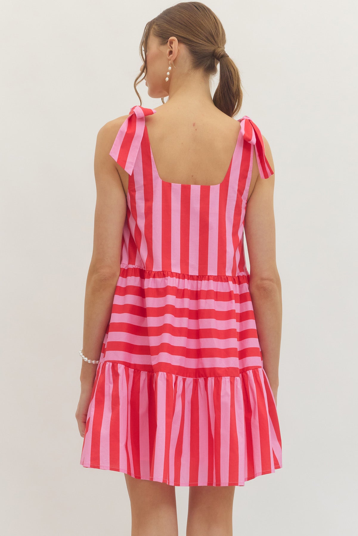 Pretty Bow Stripe Mini Dress In Red/Pink