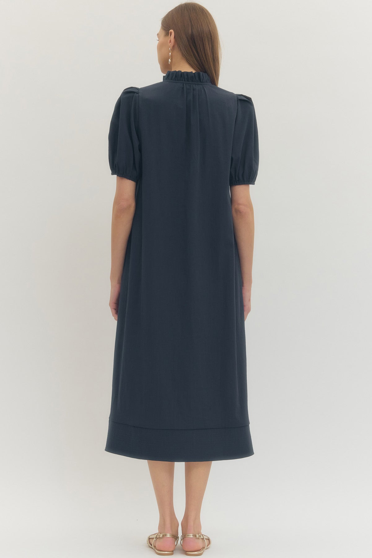 Classy Button Front Midi Dress In Navy