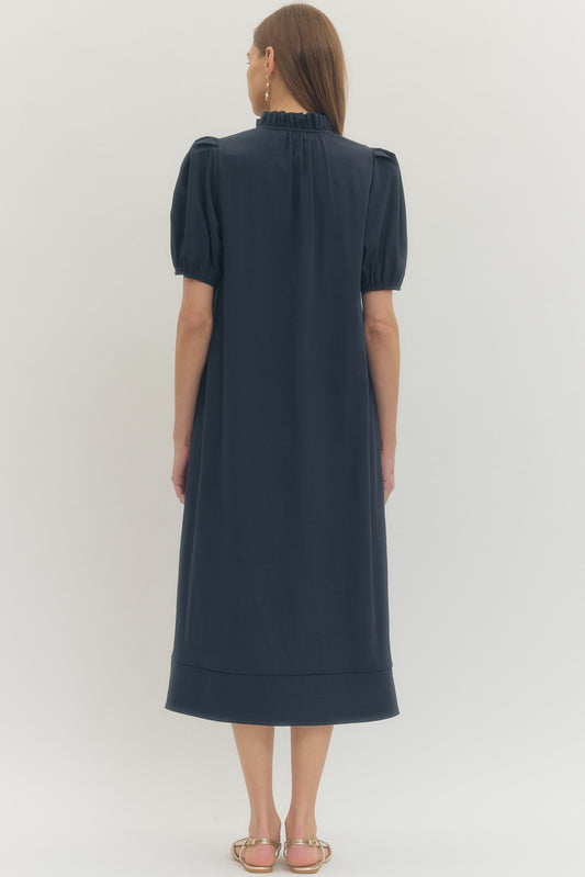 Classy Button Front Midi Dress In Navy