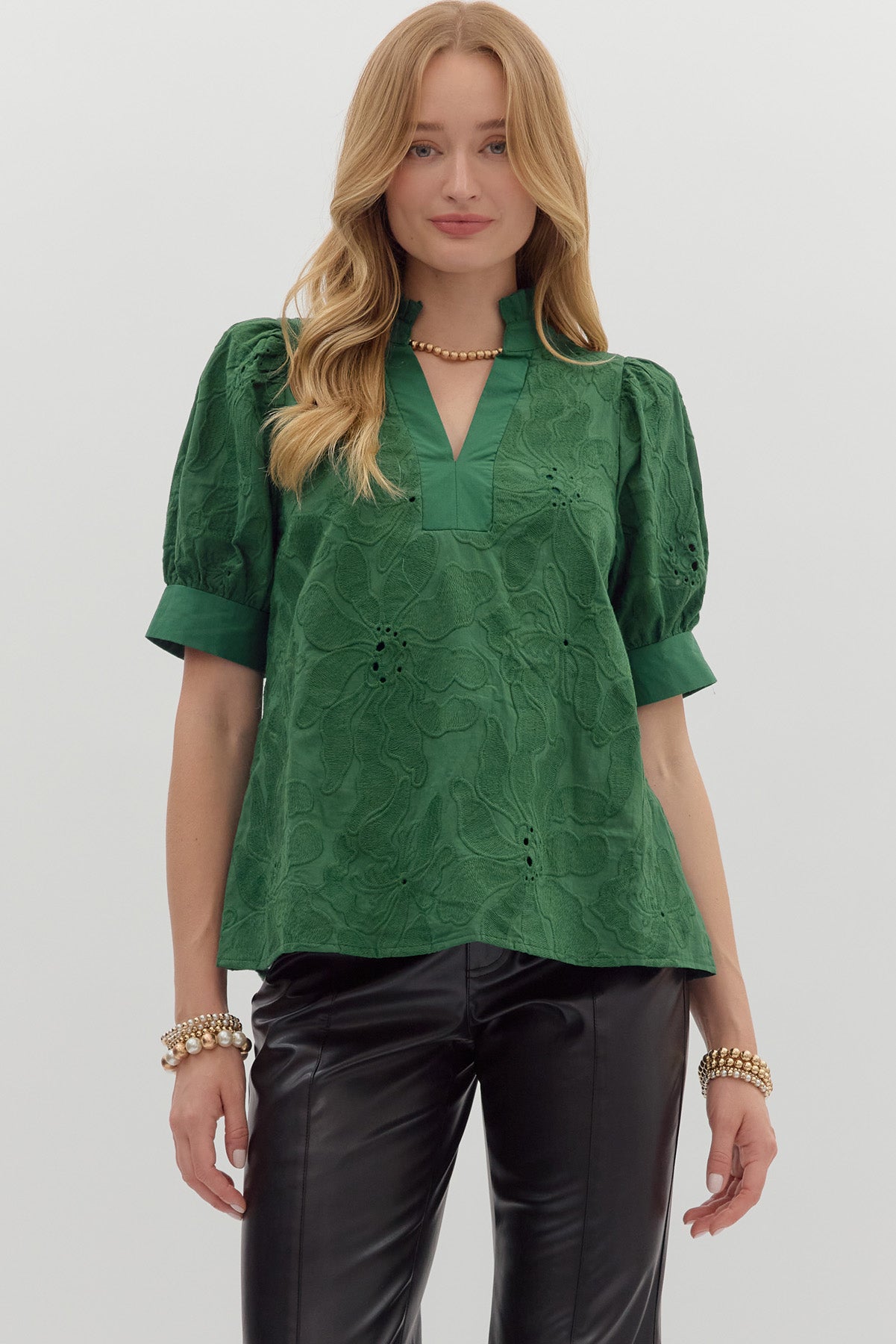 Floral Embroidered Puff Sleeve Top In Green