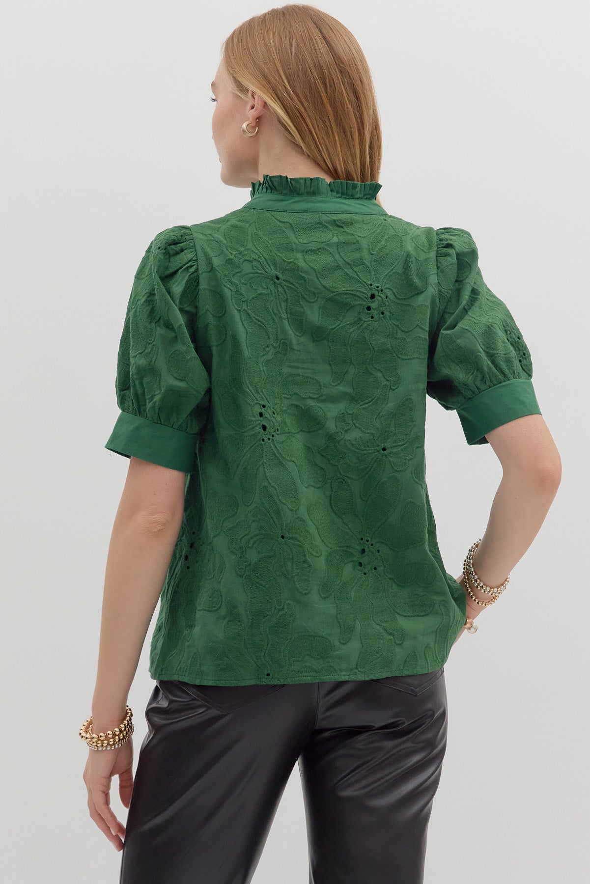 Floral Embroidered Puff Sleeve Top In Green
