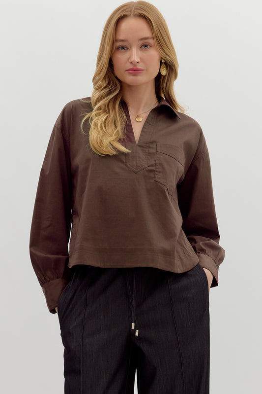 V Neck Blouse In Chocolate Brown