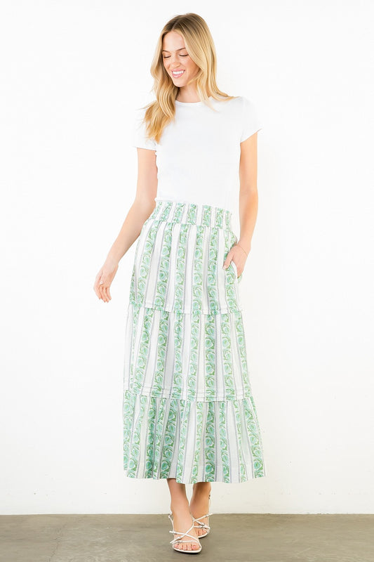 Elastic Waist Tiered Stripe Midi Skirt in Coastal Garden