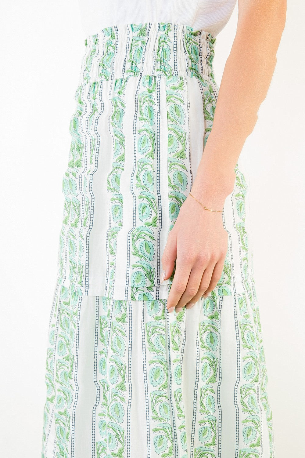 Elastic Waist Tiered Stripe Midi Skirt in Coastal Garden