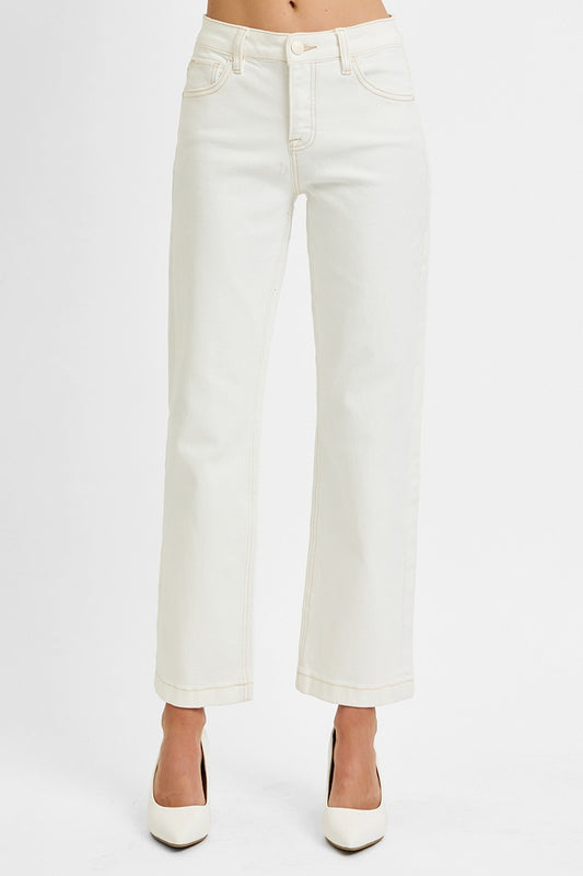 Ella Tummy Control Mid Rise Straight Jean In Cream