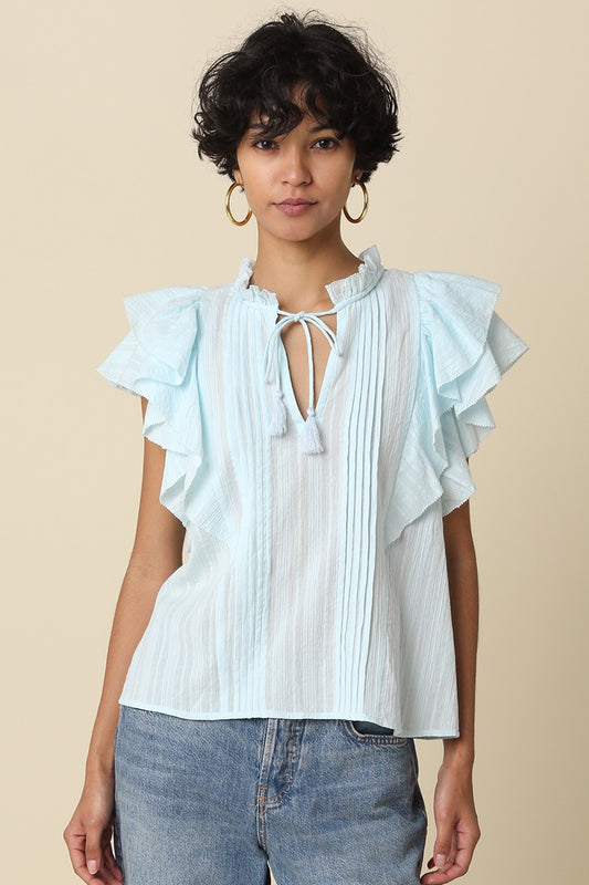 Elodie Ruffle Trim Tie Blouse In Blue