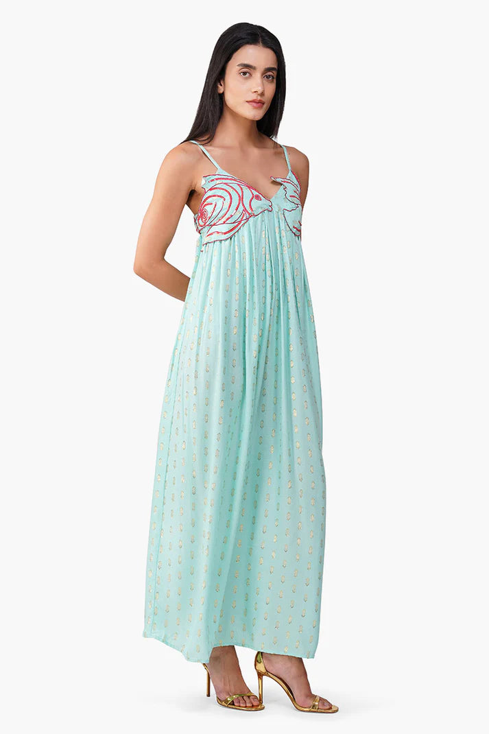 Embellished Aqua Ariel Flared Maxi Dress