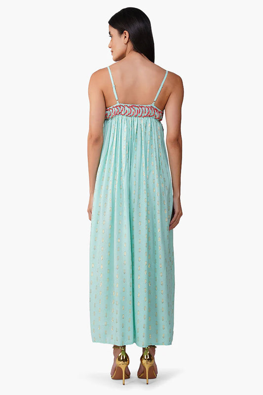 Embellished Aqua Ariel Flared Maxi Dress
