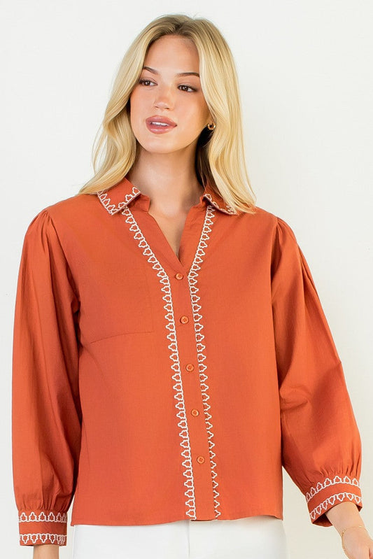 Embroidered Detail Button Up Top In Rust