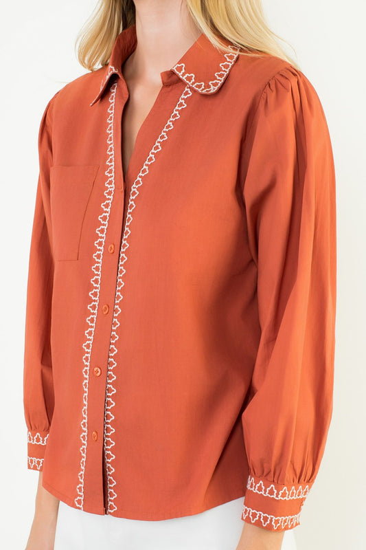 Embroidered Detail Button Up Top In Rust