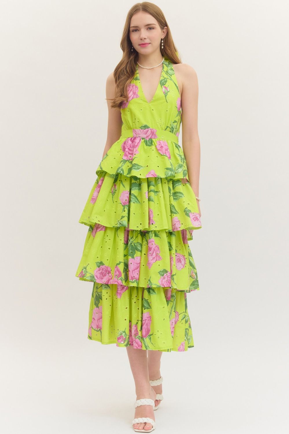 Eyelet Floral Print Halter Midi Dress