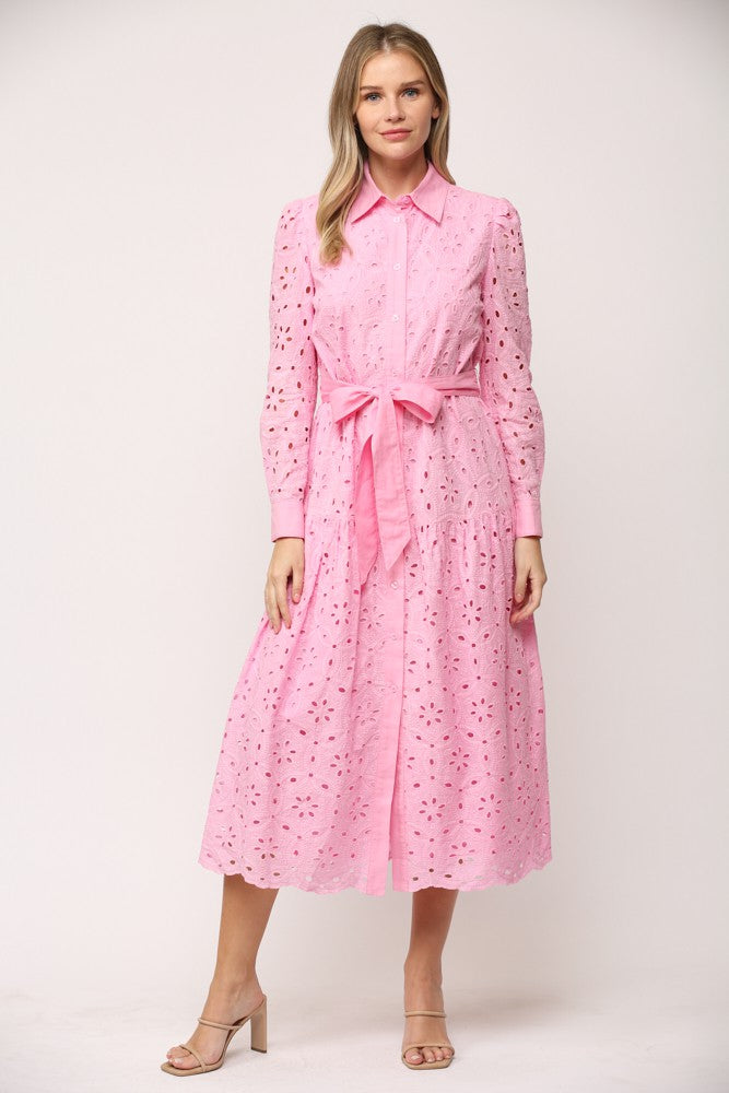 Eyelet Long Sleeve Midi Dress in Pink