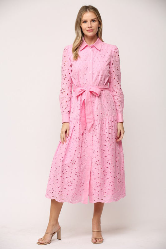 Eyelet Long Sleeve Midi Dress in Pink