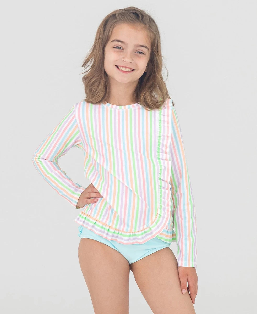 Rufflebutts Pale Rainbow Stripe Rash Guard