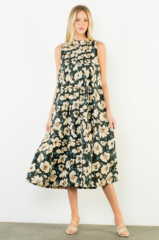 Fall Florals Sleeveless Long Dress With Tie Back