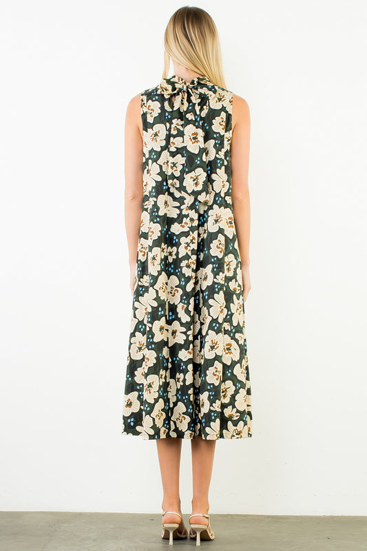 Fall Florals Sleeveless Long Dress With Tie Back