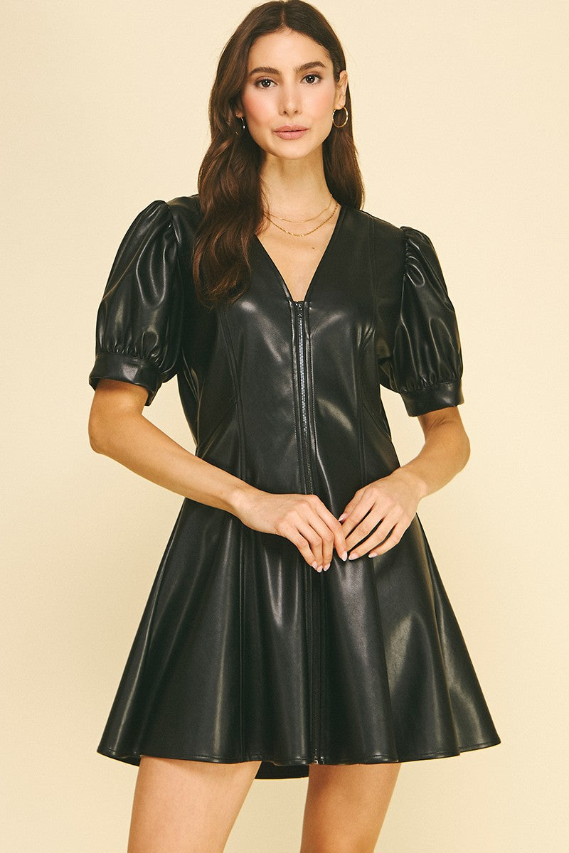 Faux Leather V-neck Mini Dress