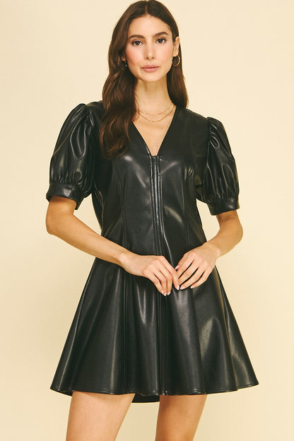 Faux Leather V-neck Mini Dress