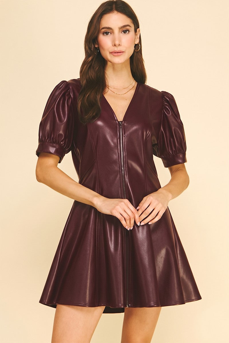 Faux Leather V-neck Mini Dress