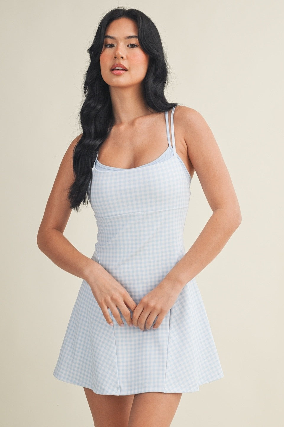 Feels Like Summer Gingham Double Layered Mini Dress In Blue
