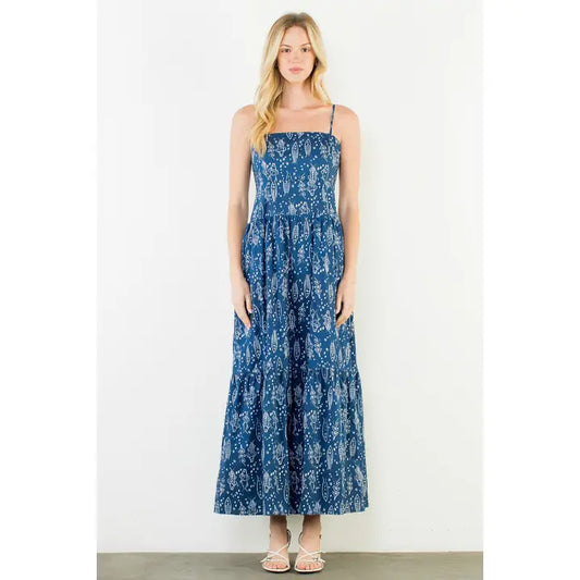 Fish Print Tiered Dress In Blue