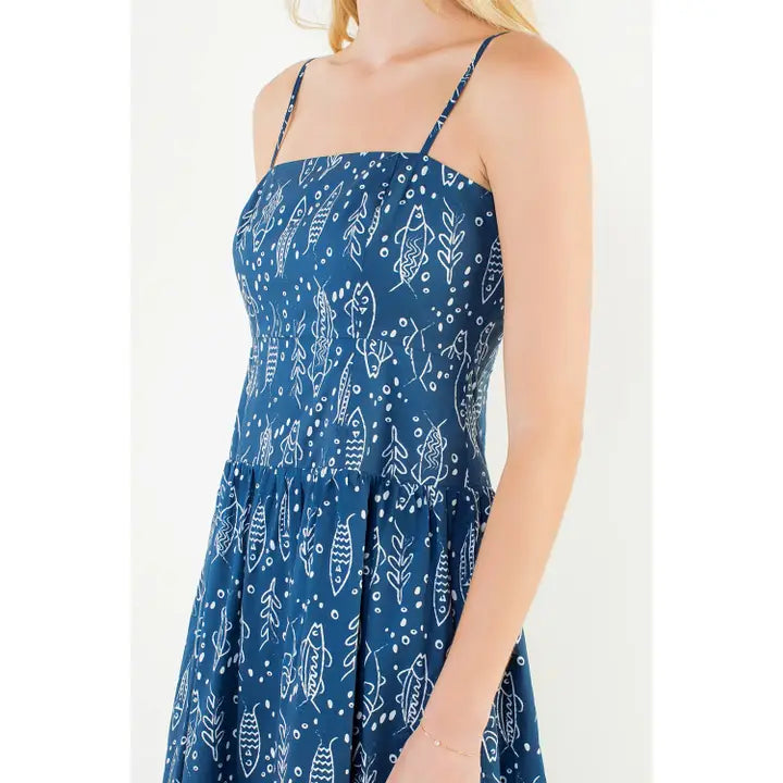 Fish Print Tiered Dress In Blue