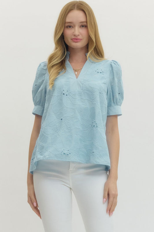 Floral Detail Puff Sleeve Top In Light Blue