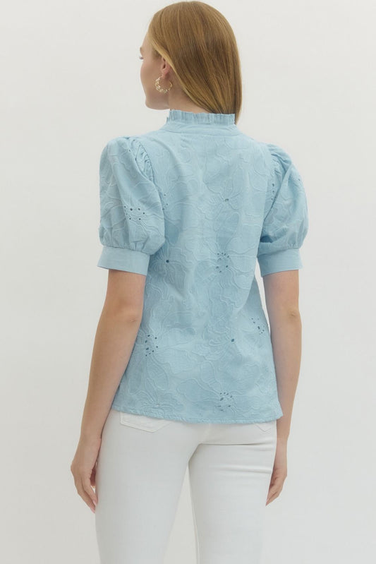 Floral Detail Puff Sleeve Top In Light Blue